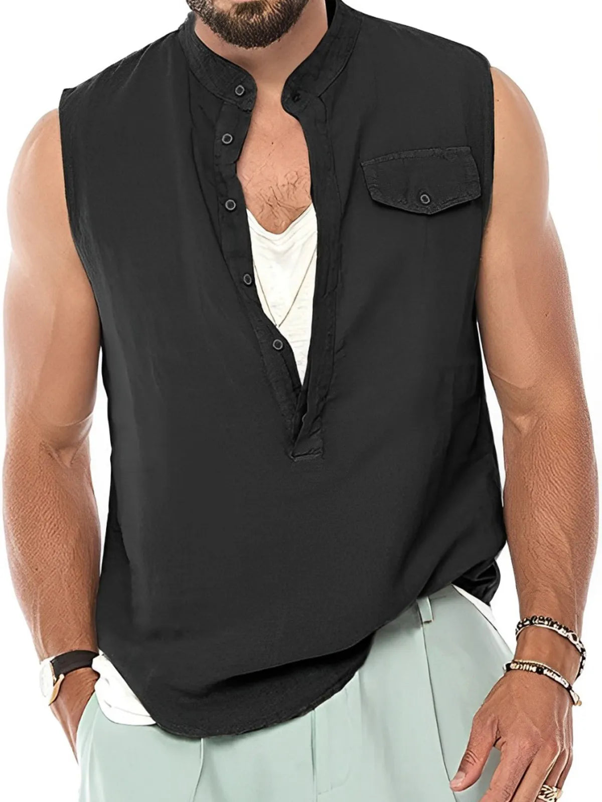 Orson Cotton-Linen Henley Solid Tank