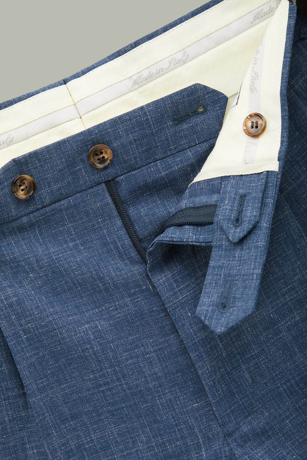 Beckett Blue Pleated Wool-Linen Trousers