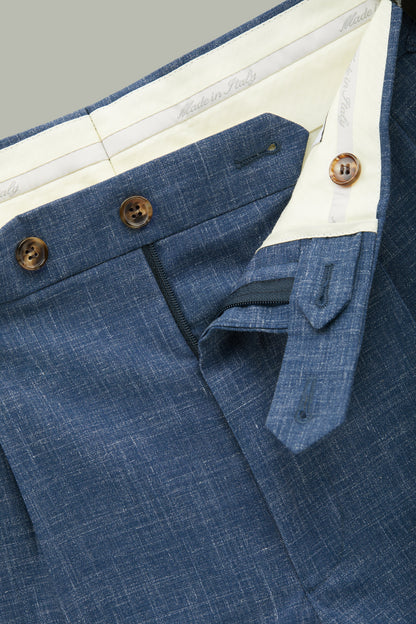Beckett Blue Pleated Wool-Linen Trousers